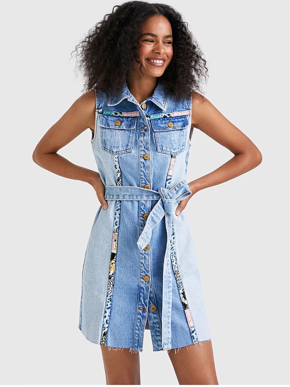 Desigual Hestia Sleeveless Denim Patchwork Mini Dress with Belted Waist Sz M